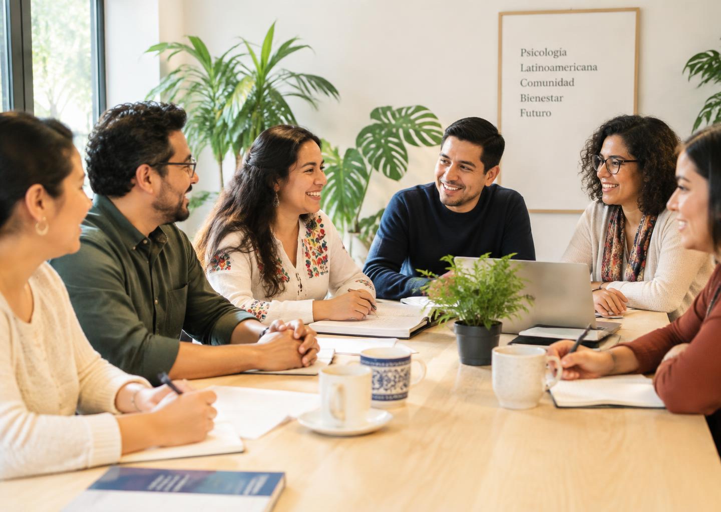 Psicólogas y psicólogos conversando alrededor de una mesa
